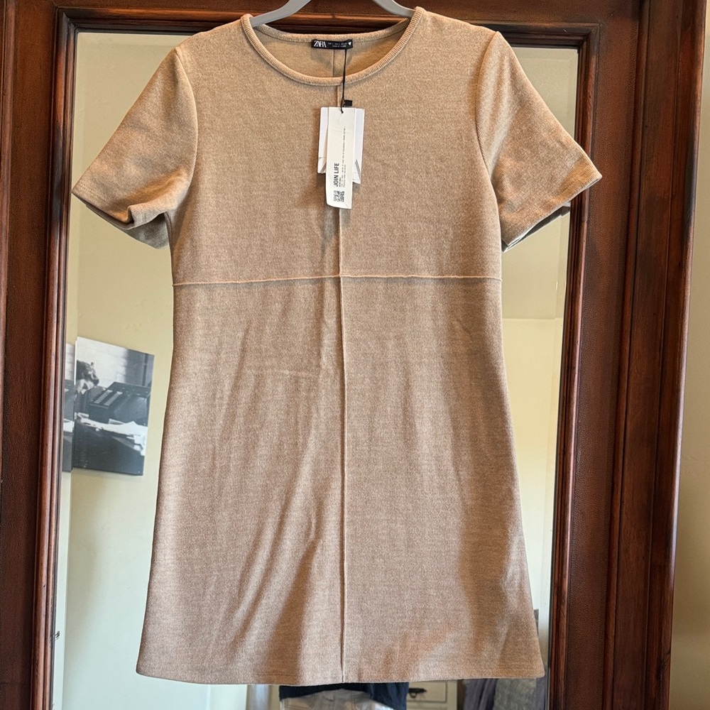 Zara Tan Short Sleeve Knit Shift Dress